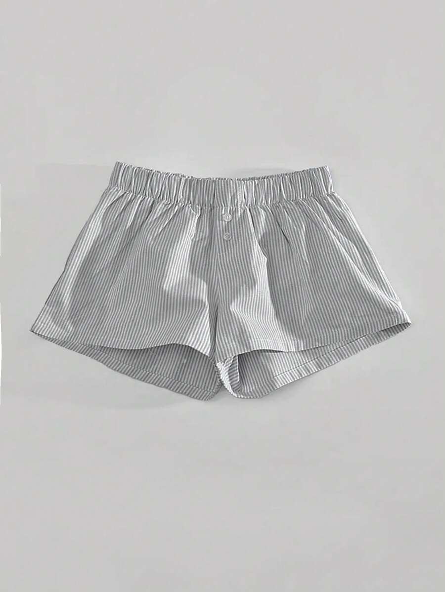 SHEIN Tween 女童梭织条纹印花纽扣装饰宽松休闲短裤，运动休闲