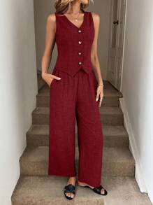 Easowa Bộ 2 món/Bộ vest xanh và quần túi cho nữ, Xuân Hè - Màu Đỏ Sâu - Xem 4