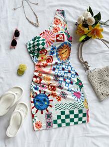 Soleia Bohemian  ,Boho, Romantic Floral ,Vacation, Floral  4th Of July Clothes  Rave Outfits White Graduation Dress Party Dress Graduation Outfit 4th Of July Dress  Butter Yellow 4th Of July Festival Concert Vacation Dress New Women's Holiday Sun Graphic One Shoulder Waist Ruched Fitted Bodycon Mini Dress, Perfect For Party & Inner Wear In Autumn/Winter - Multicolor - View 1