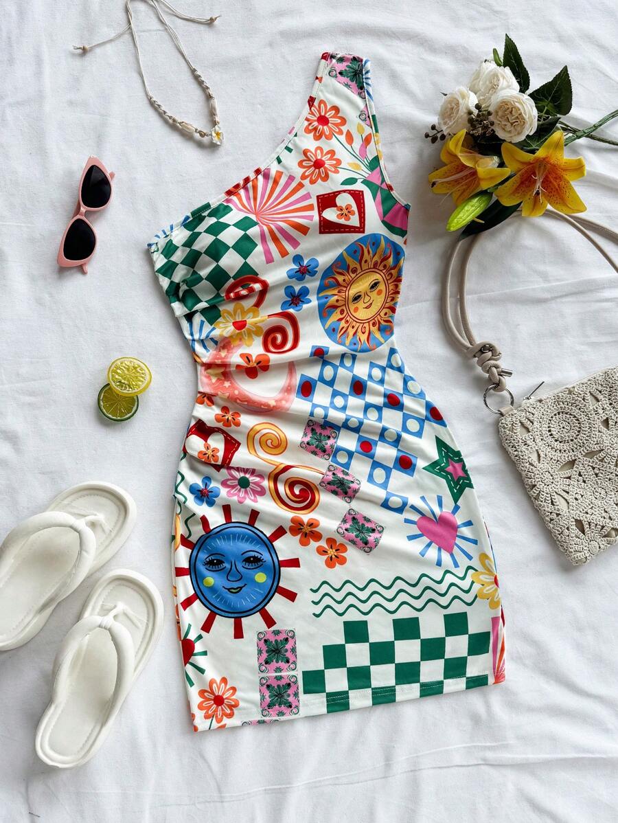 Soleia Bohemian  ,Boho, Romantic Floral ,Vacation, Floral  4th Of July Clothes  Rave Outfits White Graduation Dress Party Dress Graduation Outfit 4th Of July Dress  Butter Yellow 4th Of July Festival Concert Vacation Dress New Women's Holiday Sun Graphic One Shoulder Waist Ruched Fitted Bodycon Mini Dress, Perfect For Party & Inner Wear In Autumn/Winter - Multicolor - View 1