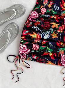 Soleia 女士夏季度假橙色撞色艺术涂鸦佩斯利印花针织褶皱下摆抽绳迷你连衣裙，适合音乐节、复活节、狂欢节、海滩、游轮、下午茶 - 彩色 - 查看 3