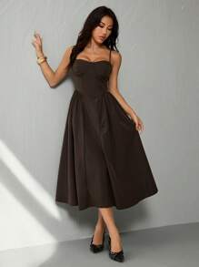 SHEIN PETITE 女士优雅纯色细肩带中长连衣裙，夏季