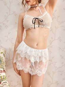 Set de Lencería Romántica de 2 Piezas: Sujetador y Pantie con Volantes Multinivel, Acento de Moño, Encaje de Pestañas