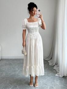 Elenzga 女士优雅褶皱圆点方领泡泡袖收腰中长连衣裙