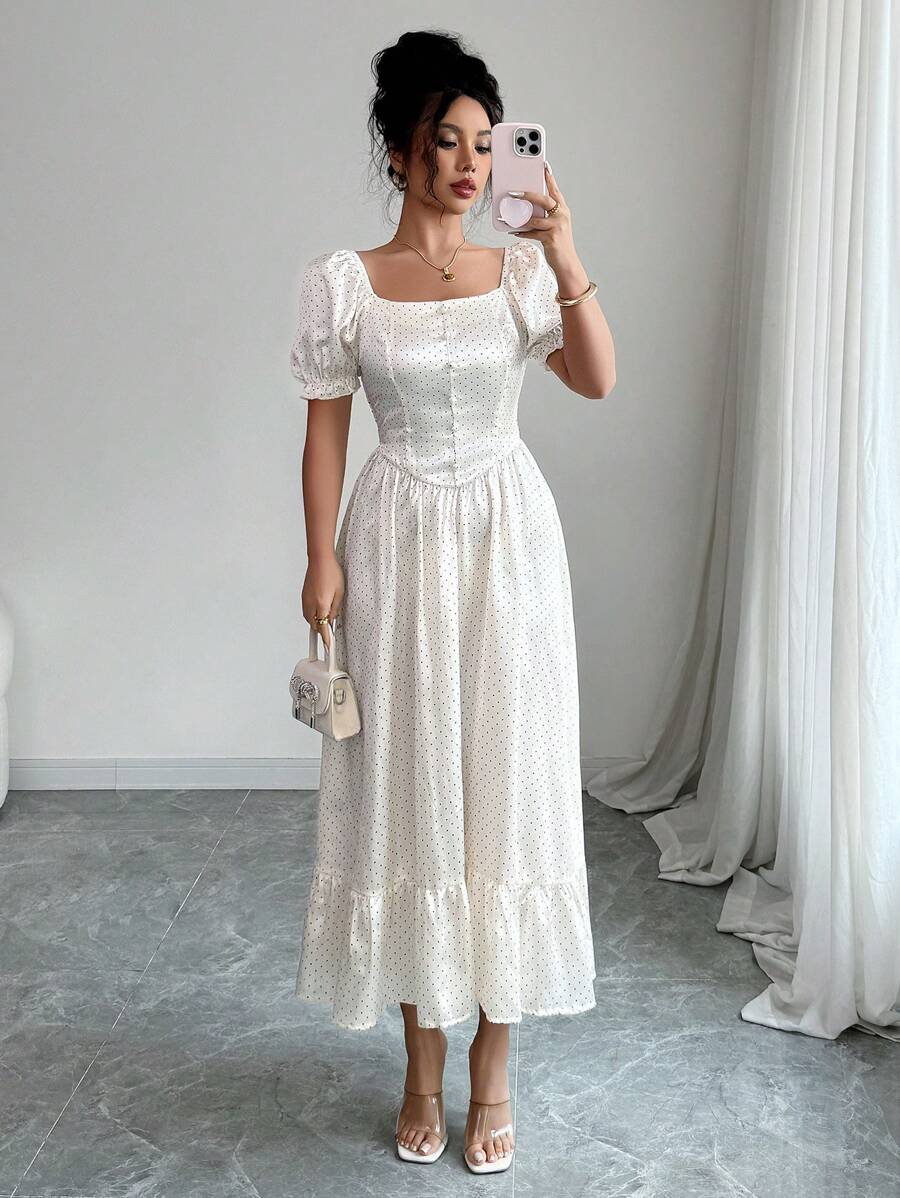 Elenzga 女士优雅褶皱圆点方领泡泡袖收腰中长连衣裙