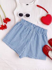 Comfortcana Shorts casual estivi da donna, con vita elastica, fantasia a quadri, larghi, con tasche, taglie forti