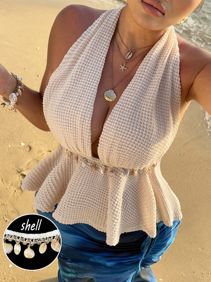 Flirla Plus Size Women's Elegant Pineapple Pattern Patchwork Accessory Design Halter Neck Tie Tank Top, Stylish For Spring/Summer Beach Holiday - Apricot - View 1