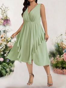 Bellastra Plus Size Women Green Ruffled Hem Split Hem Dress - Green - View 8