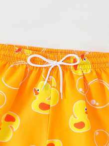 Young Boy Cartoon Duck Print Drawstring Waist Swim Shorts - Orange - View 4