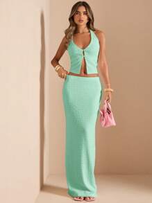 SHEIN BAE 2 件套女式夏季纯色性感深 V 领露背纹理露背短款上衣和长裙套装，度假白色服装 - 薄荷綠 - 查看 3