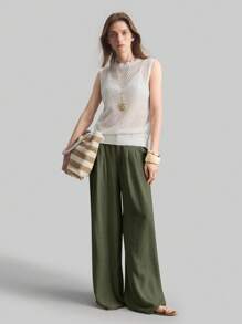 Ontre 2025秋季女士休闲宽松褶裥阔腿裤，适合波西米亚风、度假、节日、商务休闲、海滩、生日派对、教师节、圣诞节等场合穿着 - 軍綠色 - 查看 7