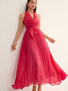 Femmeiva Elegant Summer Sleeveless Plunging Neck Pleated Lightweight Chiffon Dress For Women - Hot Pink - View 1