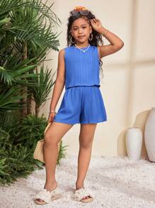SHEIN Tween Girls Casual Vacation Ribbed Knit Sleeveless Round Neck Open Back Bowknot Decor Crop Top And Shorts Set - Navy Blue - View 3