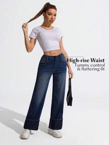 SHEIN Essnce Quần Jeans Denim Dáng Rộng, Rộng, Thường Ngày, Đa Năng Cho Nữ - Rửa trung bình - Xem 4