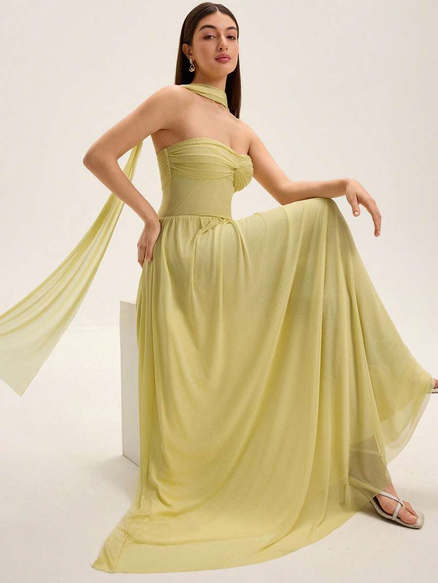 GENKIRA Twist Decor 抹胸长款雪纺荷叶边连衣裙 - 黃色 - 查看 1