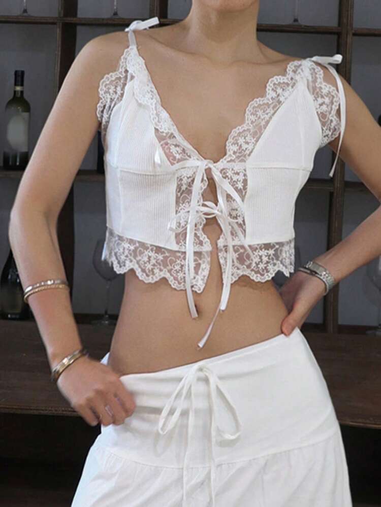 Women Lace Patchwork Solid Color Camisole Going Out Tops Vacation