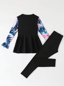 Tween Girls Tropical Plant Flower Print Trumpet Sleeve Tankini Swimsuit Set - Black - View 4