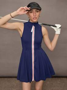 Activina 女式夏季休闲褶皱拉链无袖运动连衣裙 - 寶藍色 - 查看 8