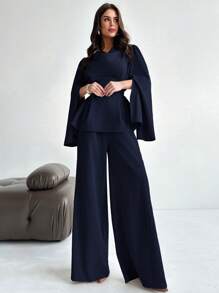 Firerie 2 件套女式系带长袖衬衫上衣和美人鱼下摆裙套装，开衩长袖衬衫 + 美人鱼长裙套装，优雅/通勤/休闲/商务/度假/职业装 - 藏蓝色 - 查看 3