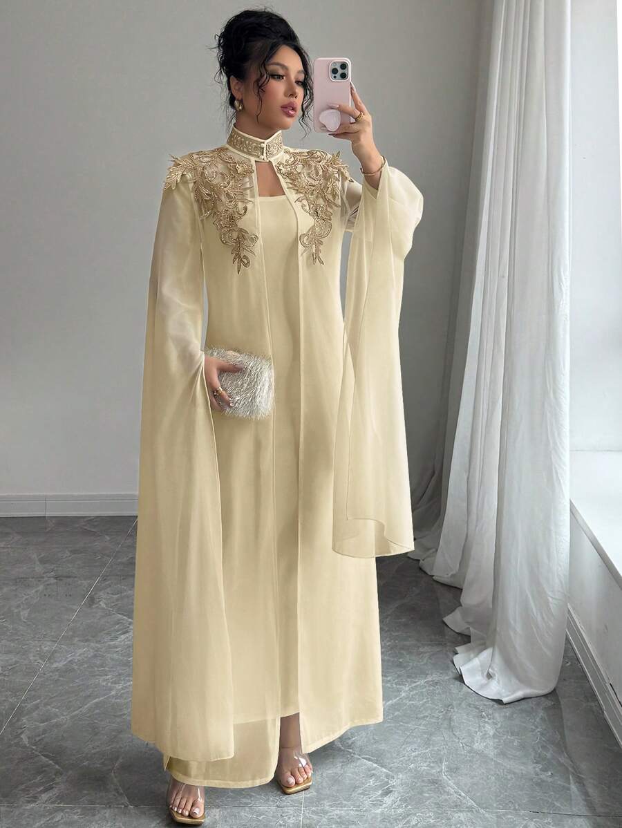 Selianne 2 Potong Set Gaun Maxi Elegan dan Anggun, Cocok untuk Pakaian Musim Panas dan Gugur untuk Wanita - Aprikot - View 1