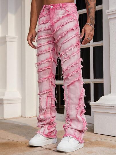 Street Life Men's Casual Washed Layered Frayed Hem Flared Jeans