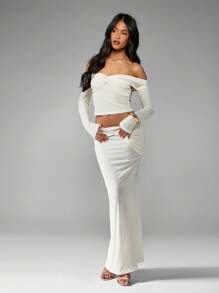MISSGUIDED Off Shoulder Twisted Co Ord Set Long Sleeve Crop Top Maxi Skirt Evening Party Club Wedding Guest Winter Fall Spring Two Piece Outfit - Apricot - View 1