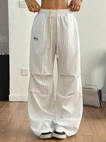Coolane Women's Summer Streetwear Casual Basic Striped Wide Leg Sweatpants - White - View 3