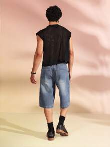 SUMWON 高腰阔腿牛仔短裤复古宽松溜冰风格百慕大长度宽松版型 Y2K 时尚春夏街头服饰 - 藍色 - 查看 6