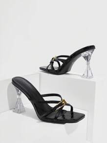 CUCCOO SZL 女士鞋黑色漆皮鳄鱼纹交叉系带透明外星人高跟凉鞋，搭配金色金属可调节扣细节，方形露趾高跟拖鞋，时尚性感优雅夏季凉鞋，适合约会派对办公室正式活动和日常穿着，百搭搭配裙子和正装 - 黑色 - 查看 11