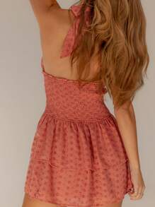 Aralina White Broderie Boho Summer Beach Vacation Halter Neck Shirred Tiered Mini Dress