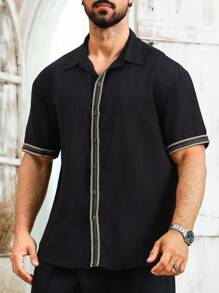 Manfinity RSRT Men's Minimalist Webbed Button Short Sleeve Shirt, Summer - Black - View 1
