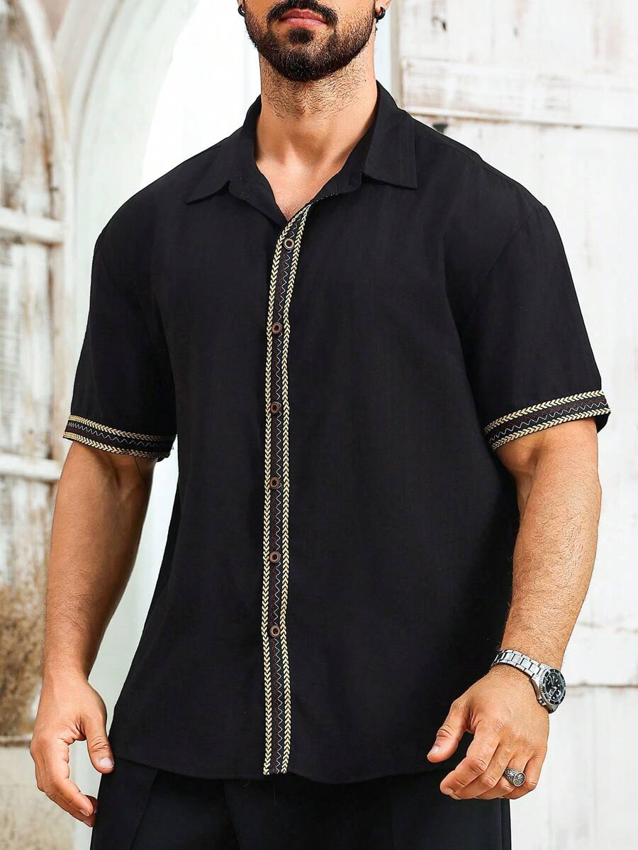 Manfinity RSRT Men's Minimalist Webbed Button Short Sleeve Shirt, Summer - Black - View 1