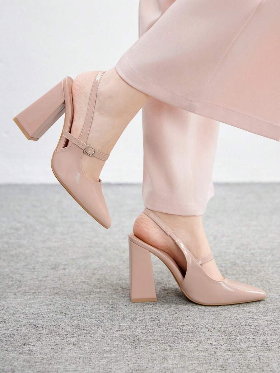 CUCCOO BIZCHIC 女士时尚粉色粗跟尖头露跟浅口鞋，基本款 - 淺粉色 - 查看 1