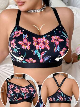 SHEIN 1 pièce Soutien-gorge mode sans armature avec imprimé floral pour femmes grandes tailles