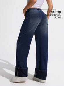 SHEIN Essnce Quần Jeans Denim Dáng Rộng, Rộng, Thường Ngày, Đa Năng Cho Nữ - Rửa trung bình - Xem 2
