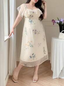 Dazy Plus Floral Print Contrast Mesh Ruffle Collar Vacation Style Dress - Apricot - View 2