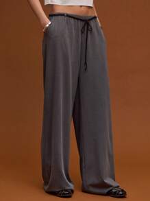 COUREZ Pantalones de pierna ancha de tiro bajo con cordón, para verano para mujeres, estilo casual de calle, vintage Y2K - Gris Oscuro - Ver 4