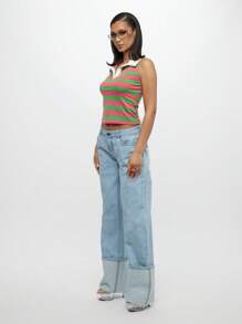 SUMWON WOMEN 无袖橄榄球背心 学院风 Y2K 学院风条纹 Polo 领背心 夏季春季学院风复古休闲街头服饰