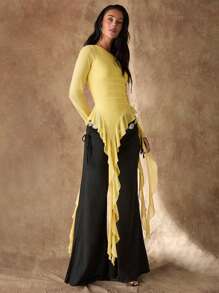 Glamine Romantic Spring Asymmetrical Jellyfish Ribbon Ruffled Hem Asymmetrical Sloping Shoulder Short Sleeve Solid Color Tight Elastic See-Through Mesh Women's T-Shir