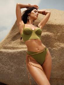 Anewsta 女士夏季简约设计无袖性感吊带比基尼上衣 - 芥末黃 - 查看 2