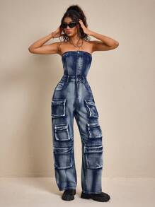 SHEIN ICON 女士 Street Carpockets 露背抹胸牛仔连体裤 - 藏蓝色 - 查看 5