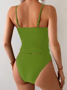 SHEIN Swim Springbreak New Elegant Solid 2pcs Swimsuit Set, Ruched Strap Minimalist Bikini Top & Bottom For Summer Beach Vacation - Green - View 2