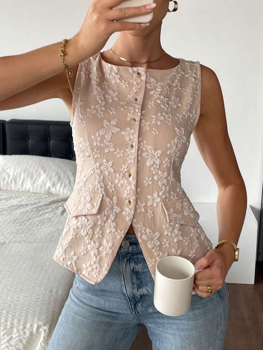 SHEIN Frenchy 女士花卉图案单排扣不对称下摆无袖上衣