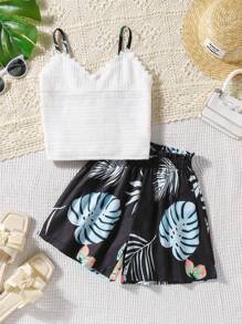 2pcs Girls Crochet Knit Cami Top & Tropical Plant Printed Loose Shorts Set, Summer - White - View 1