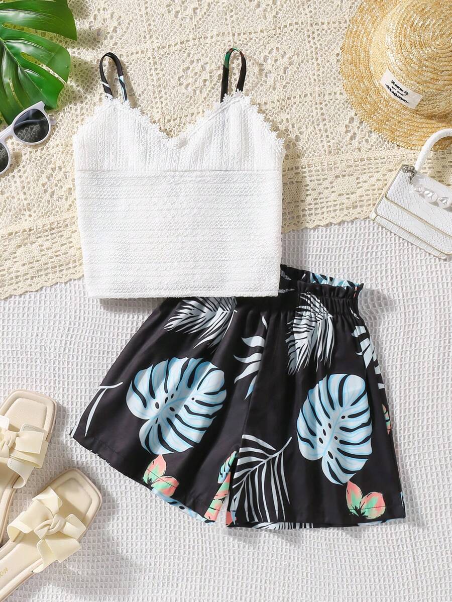 2pcs Girls Crochet Knit Cami Top & Tropical Plant Printed Loose Shorts Set, Summer - White - View 1