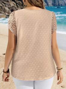 EMERY ROSE 加大码女式圆领短袖休闲衬衫夏季热带度假海滩简约上衣 - 杏色 - 查看 2