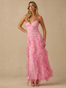 Enchnt 春夏浪漫女士淡粉色玫瑰印花细肩带欧根纱开衩连衣裙，甜美优雅，适合度假、约会、节日、派对、毕业典礼、婚礼嘉宾和海滩，舞会礼服，女士夏季连衣裙，女士太阳裙，夏季服装，优雅的派对连衣裙