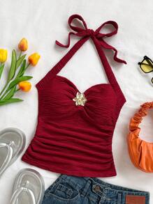 Soleia 女式度假露背 V 领花卉金属扣白色针织纹理修身背心，适合音乐节、波西米亚风、节日约会、下午茶 - 酒紅色 - 查看 5