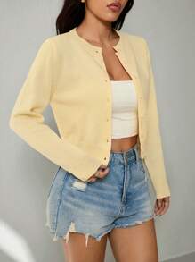 SHEIN PETITE 女士纯色单排扣休闲短款开衫，奶油黄色秋冬上衣 - 黃色 - 查看 5