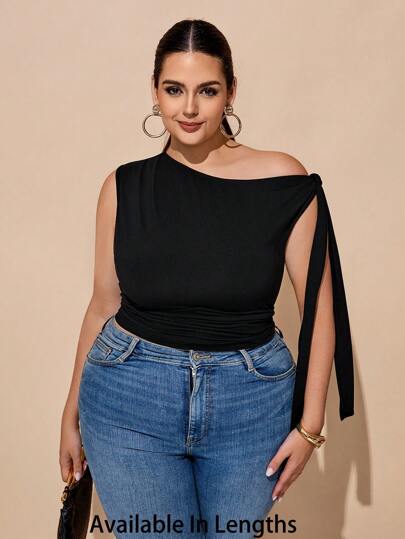 SHEIN Tall CURVE Summer Women's Asymmetric Collar Oblique Shoulder Tie Strap Tops